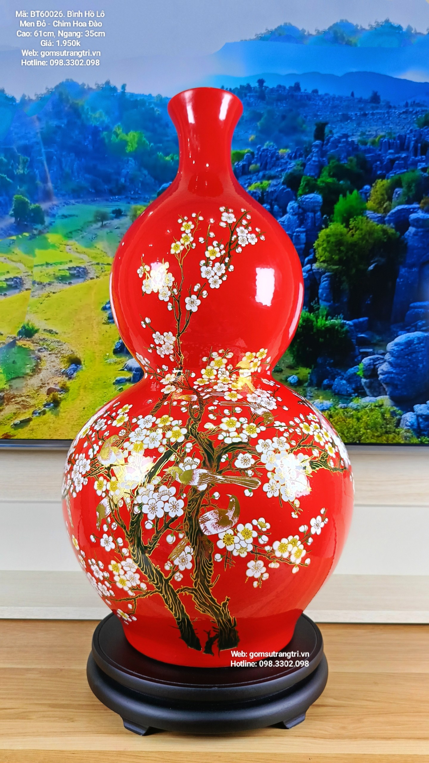 Bình Hồ Lô Men Đỏ - Hoạ Tiết Chim Hoa Đào - Gốm Sứ Trung Quốc